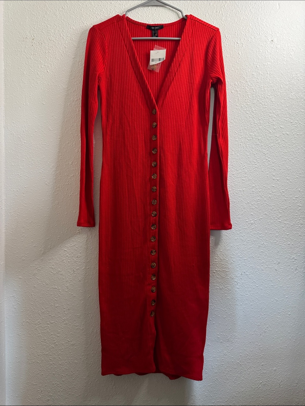 NWT Forever 21 Red Ribbed Button-Front Long Sleeve Midi Dress